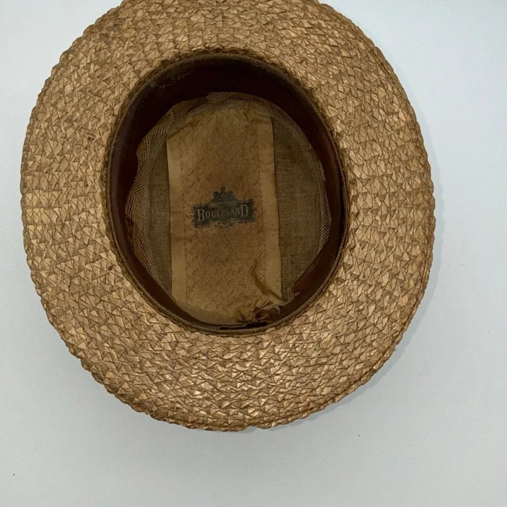 Vintage Boulevard New York Straw Boater‎ Hat Men Brown Black Ribbon Skimmer Hat